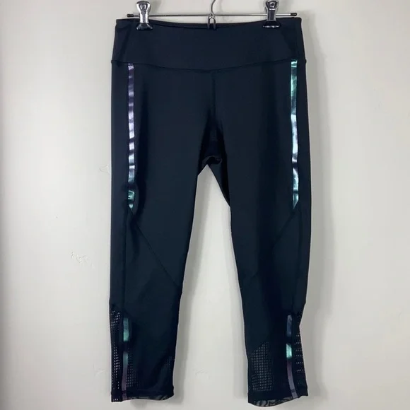 Zella Black Iridescent Stripe Mesh Crop Yoga Leggings Pants Medium - Picture 1 of 5